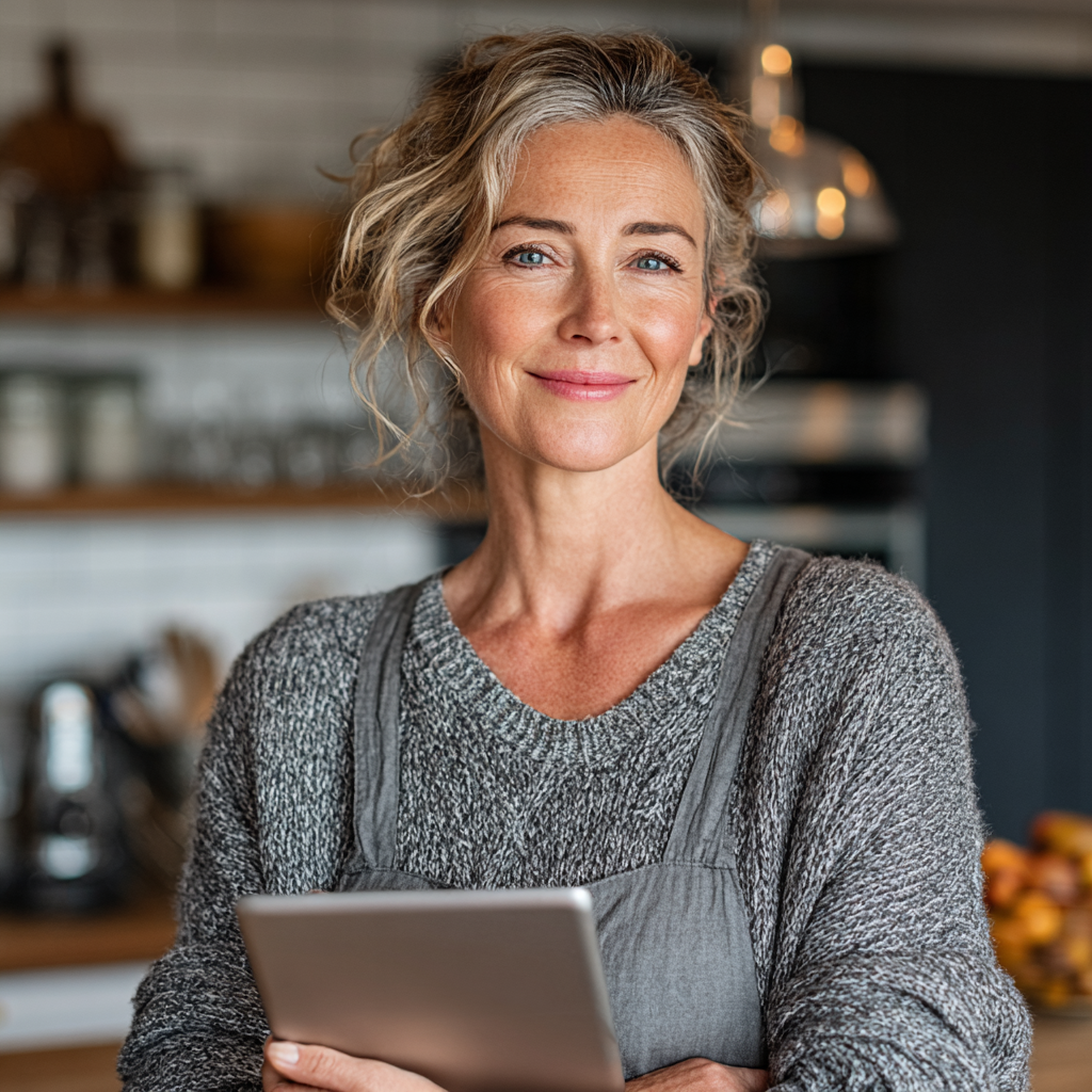 Confident middle-aged woman in her forties holding a tablet and reviewing her nutrition plan while standing in a bright modern kitchen, looking satisfied and healthy