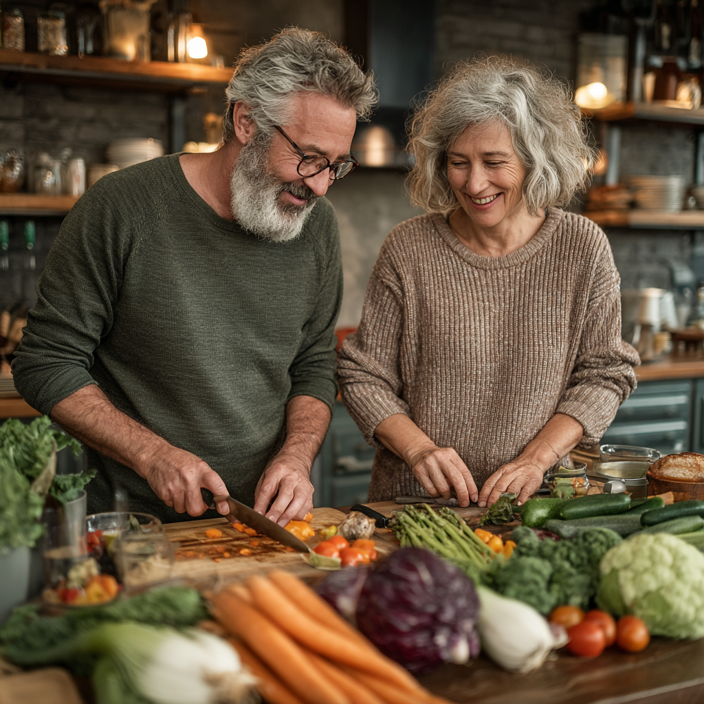 Mature couple in their fifties preparing a healthy meal together in a modern kitchen, smiling and enjoying the cooking process with fresh vegetables and ingredients on the counter